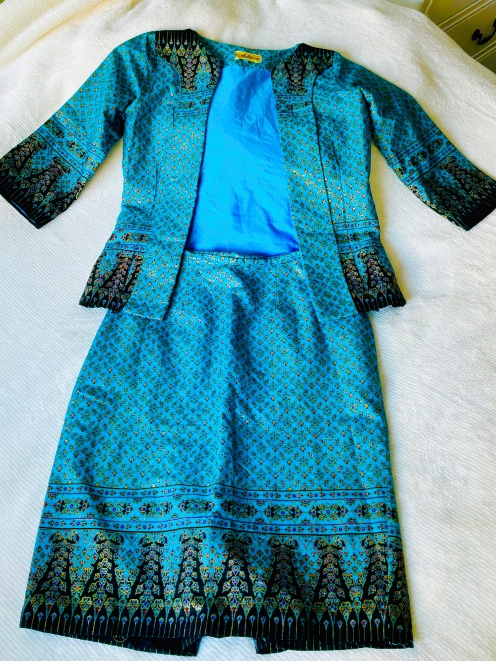 Vintage 60s/70s Allianz Thai Brocade Skirt Suit Set, Turquoise & Gold Size Small